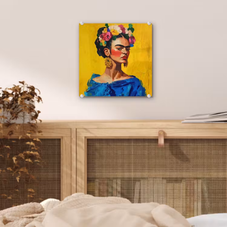 Frida Kahlo - Vrouw - Geel - Blauw - Bloemen plexiglas 5mm klein -sfeer4