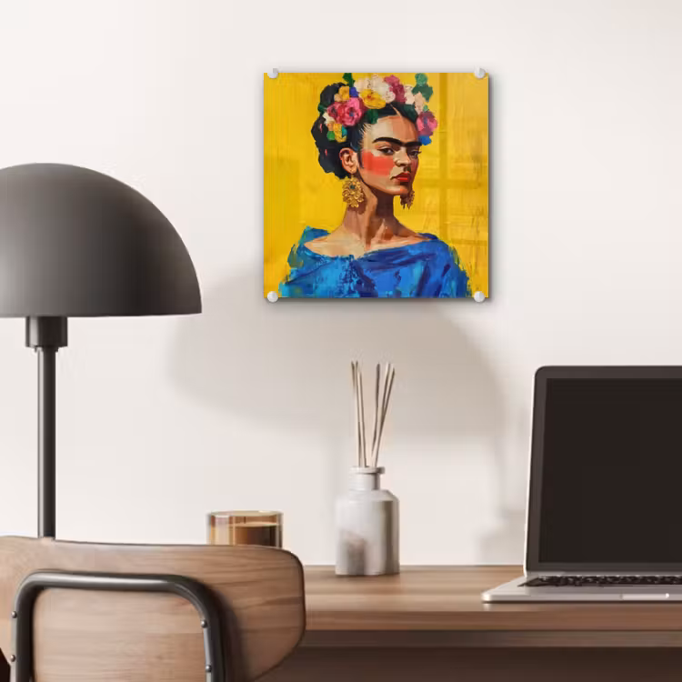 Frida Kahlo - Vrouw - Geel - Blauw - Bloemen plexiglas 5mm klein -sfeer6