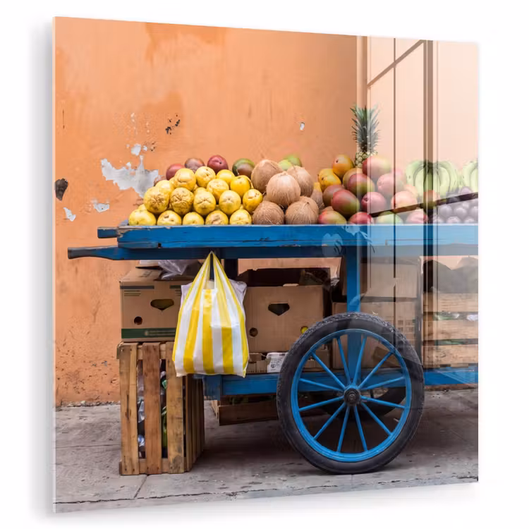 Glas schilderij - Fruit - Kar - Straat - Fruit - Kar - Straat plexiglas 5mm klein