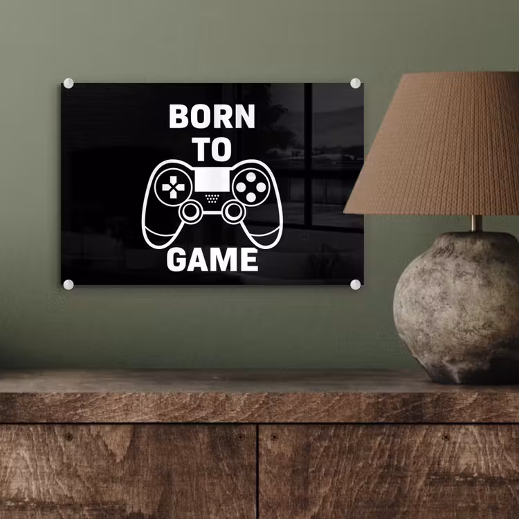Gamen - Quotes - Controller - Born to game - Zwart - Wit plexiglas 5mm klein -sfeer3