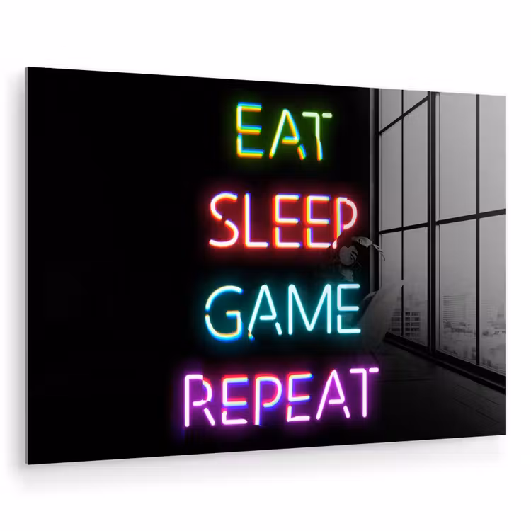 Gaming - Led - Quote - Eat sleep game repeat - Gamen plexiglas 5mm klein -zzzproduct_nieuw
