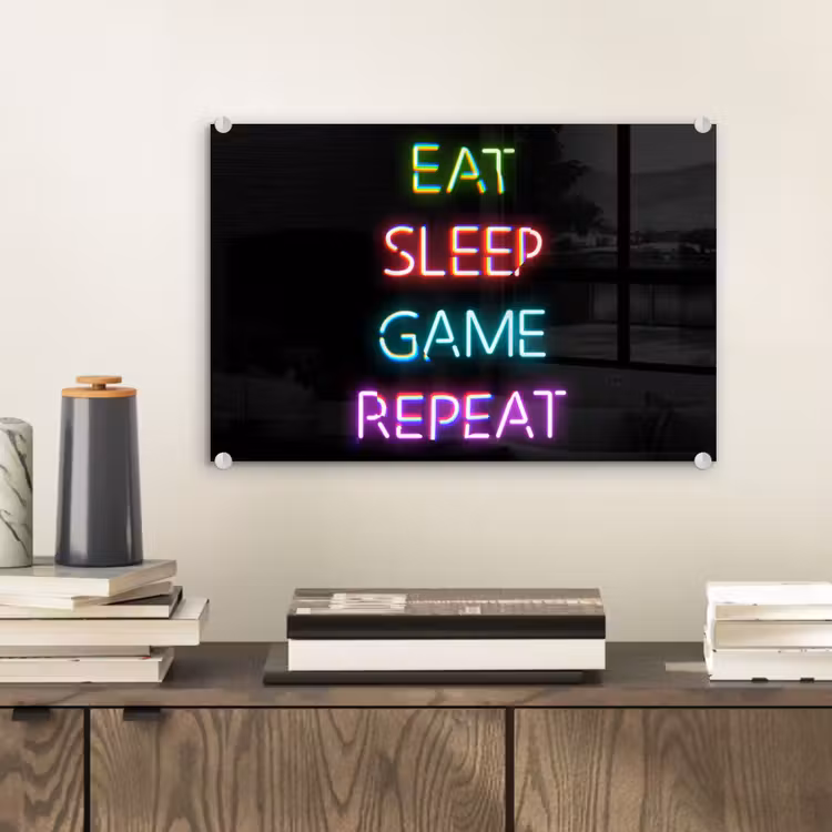 Gaming - Led - Quote - Eat sleep game repeat - Gamen plexiglas 5mm klein -sfeer1