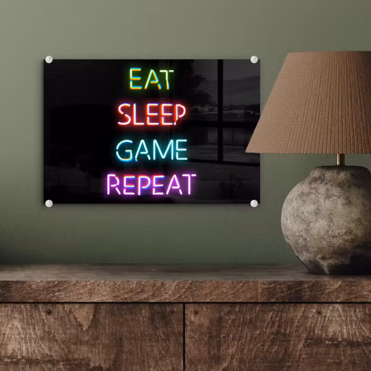 Gaming - Led - Quote - Eat sleep game repeat - Gamen plexiglas 5mm klein -sfeer3