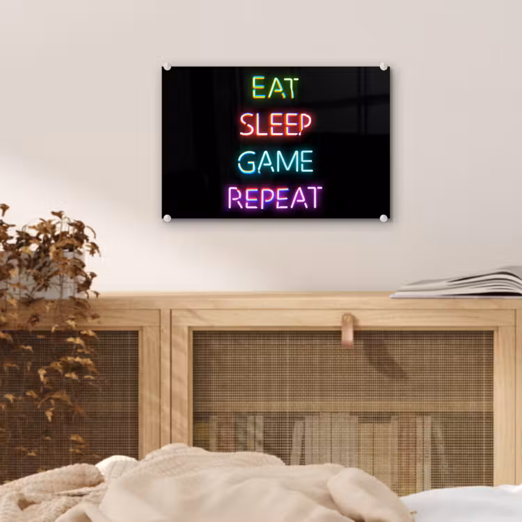 Gaming - Led - Quote - Eat sleep game repeat - Gamen plexiglas 5mm klein -sfeer4