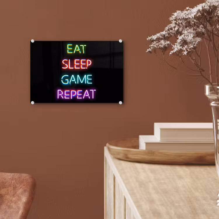 Gaming - Led - Quote - Eat sleep game repeat - Gamen plexiglas 5mm klein -sfeer5