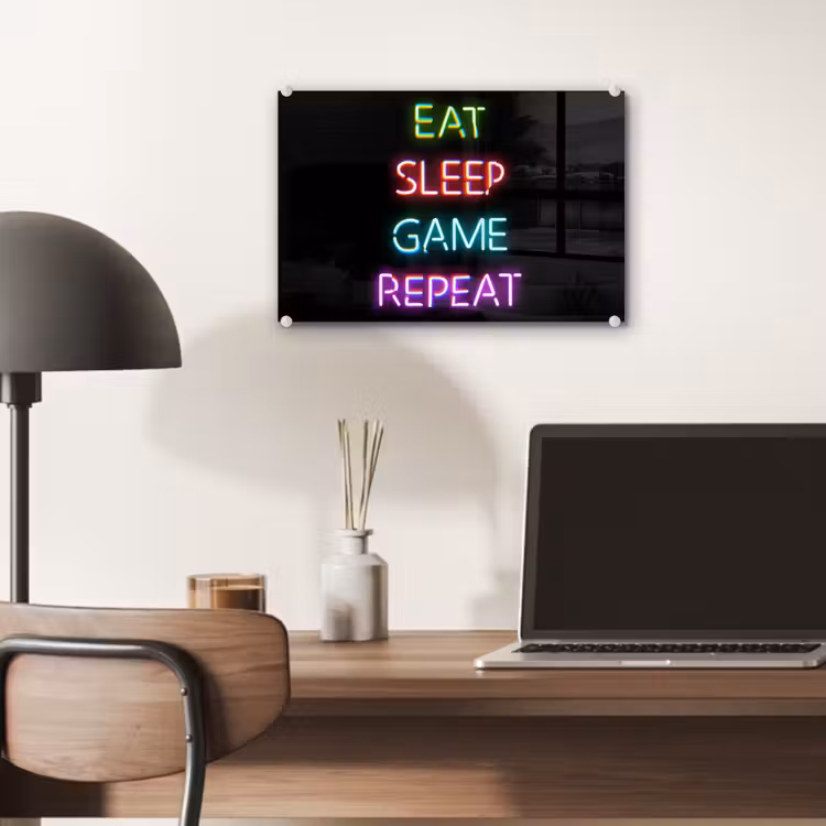 Gaming - Led - Quote - Eat sleep game repeat - Gamen plexiglas 5mm klein -sfeer6