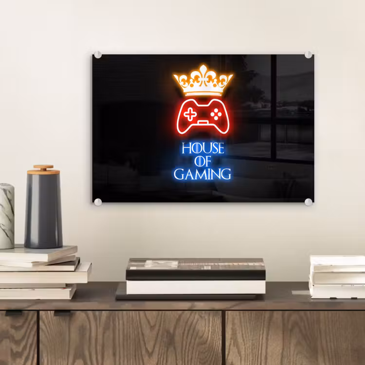 Gaming quotes - Neon - House of gaming - Kroon - Tekst plexiglas 5mm klein -sfeer1