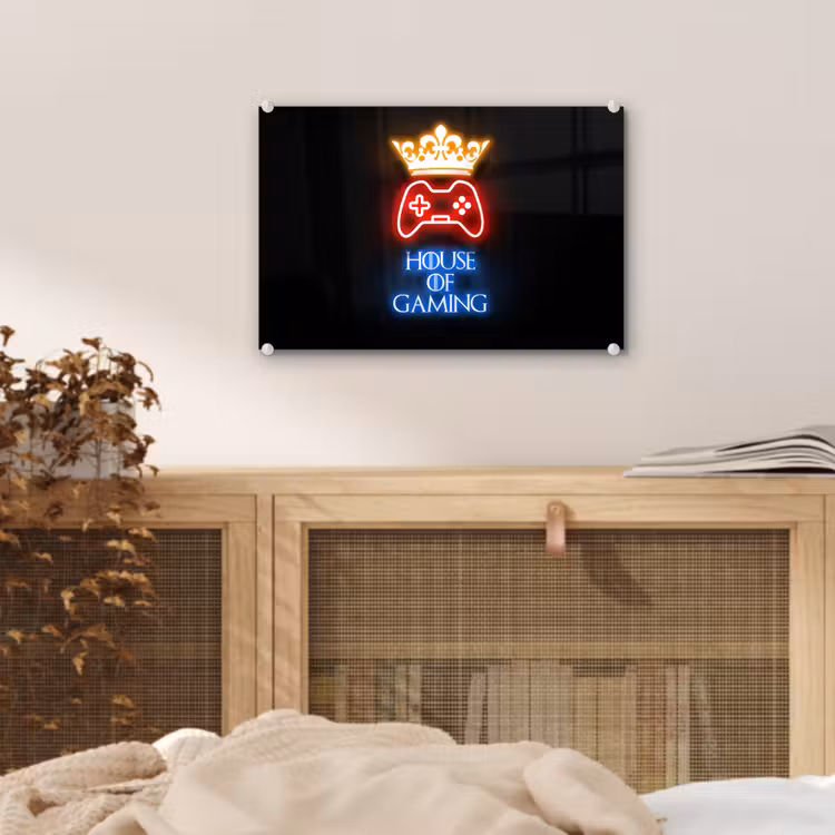 Gaming quotes - Neon - House of gaming - Kroon - Tekst plexiglas 5mm klein -sfeer4