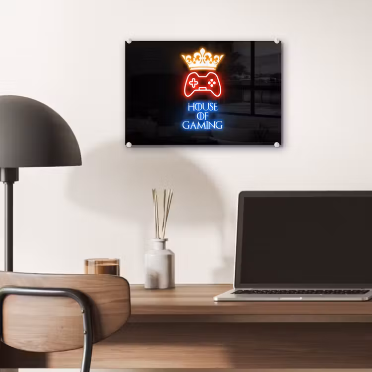 Gaming quotes - Neon - House of gaming - Kroon - Tekst plexiglas 5mm klein -sfeer6