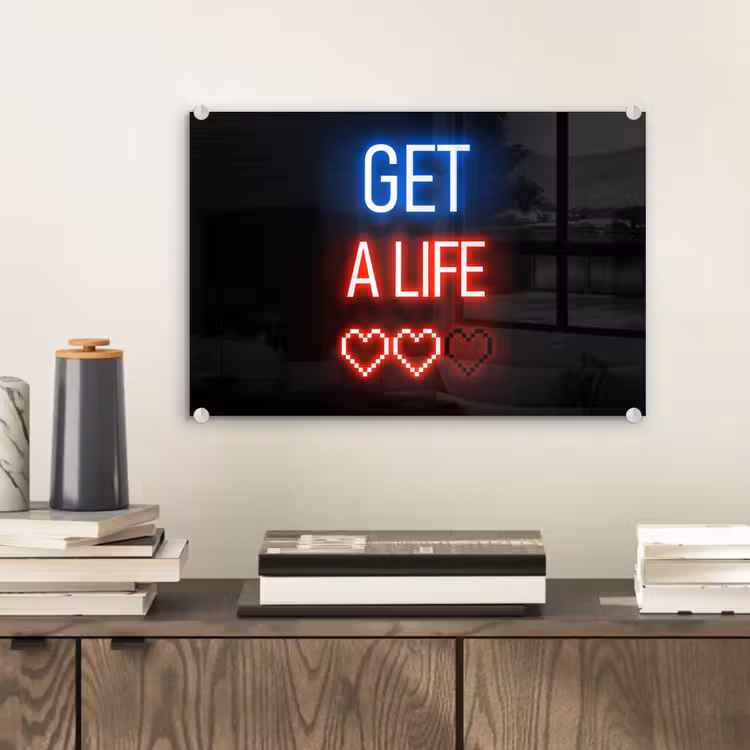 Gaming - Tekst - Get a life - Neon - Zwart plexiglas 5mm klein -sfeer1