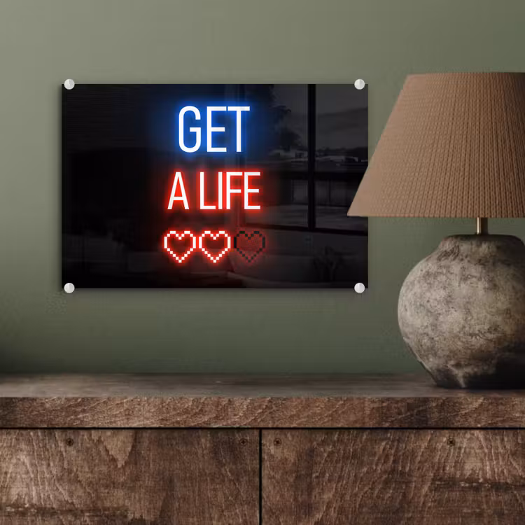 Gaming - Tekst - Get a life - Neon - Zwart plexiglas 5mm klein -sfeer3