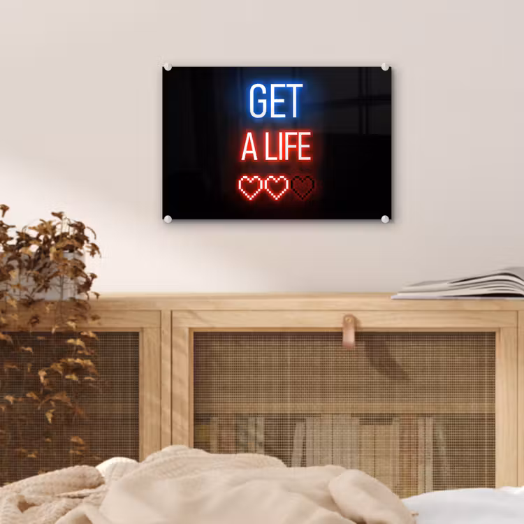 Gaming - Tekst - Get a life - Neon - Zwart plexiglas 5mm klein -sfeer4