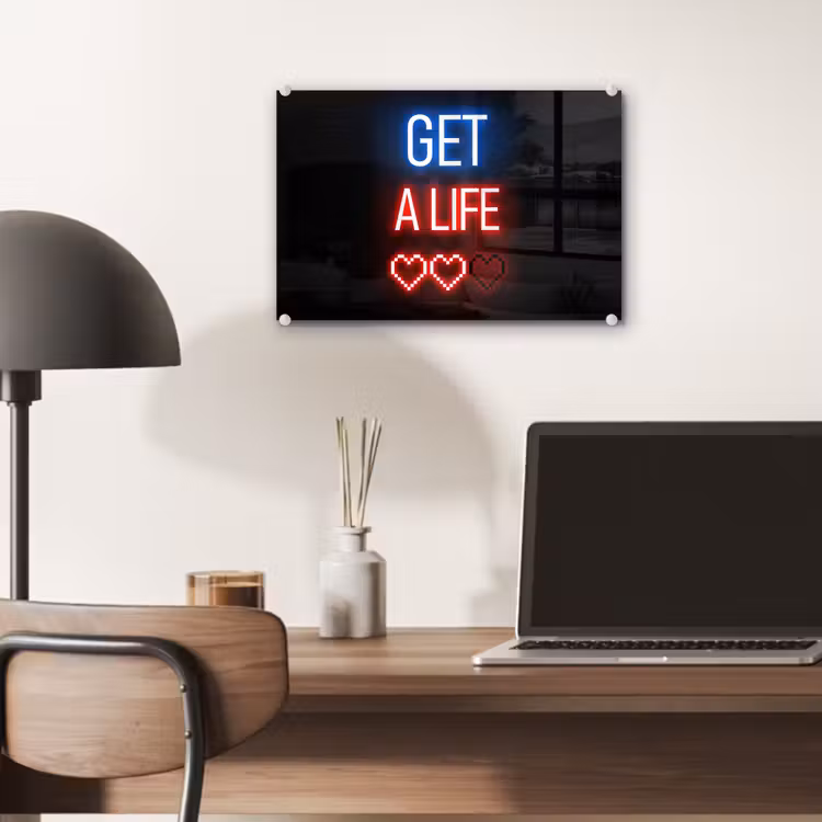 Gaming - Tekst - Get a life - Neon - Zwart plexiglas 5mm klein -sfeer6