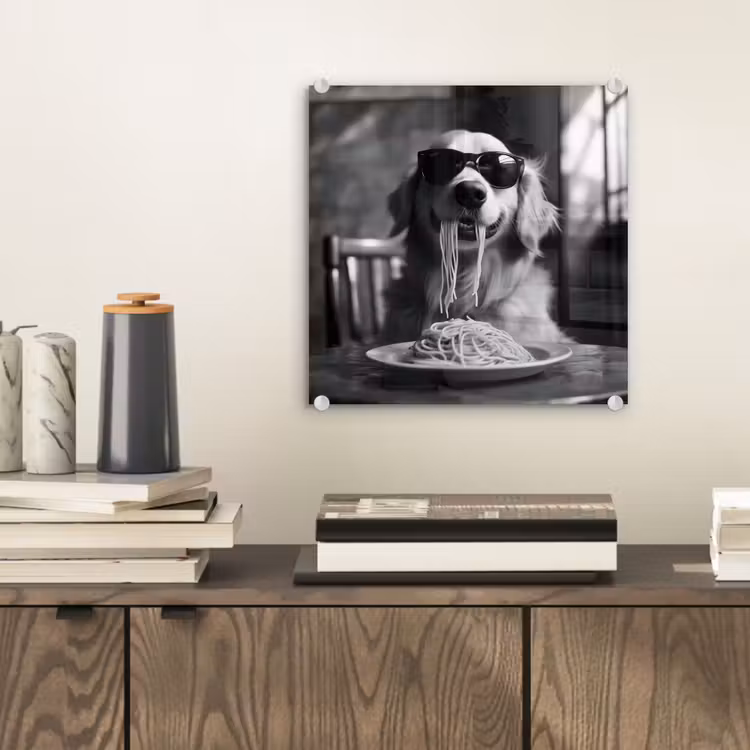 Golden Retriever - Hond - Vrolijk - Bord spaghetti - Zwart - wit plexiglas 5mm klein -sfeer1