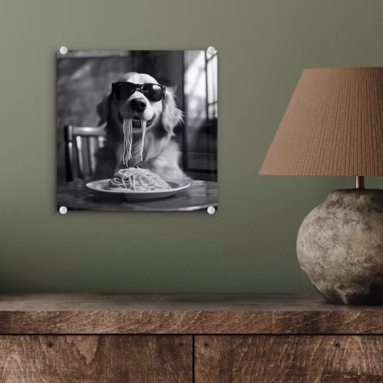 Golden Retriever - Hond - Vrolijk - Bord spaghetti - Zwart - wit plexiglas 5mm klein -sfeer3