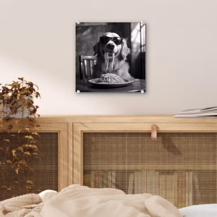 Golden Retriever - Hond - Vrolijk - Bord spaghetti - Zwart - wit plexiglas 5mm klein -sfeer4