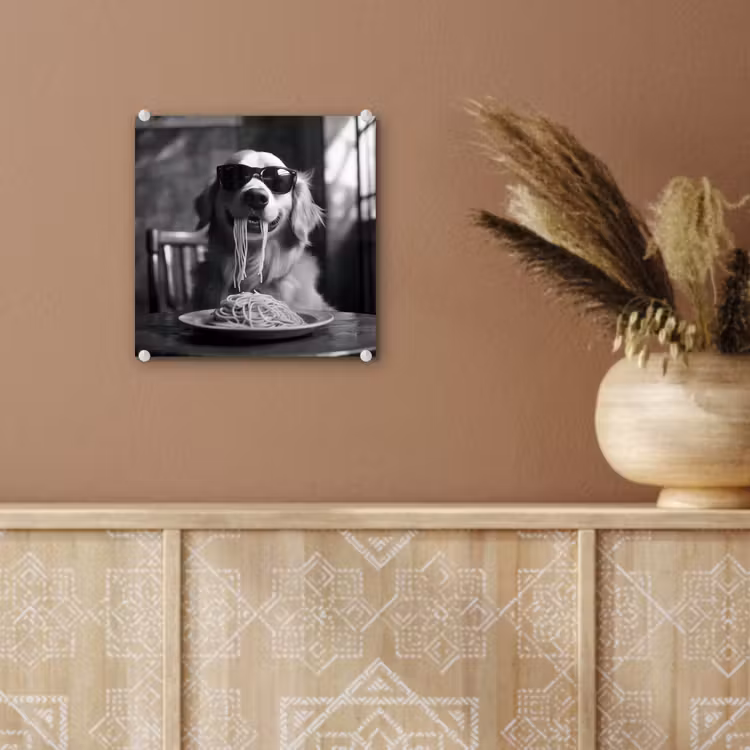 Golden Retriever - Hond - Vrolijk - Bord spaghetti - Zwart - wit plexiglas 5mm klein -sfeer5