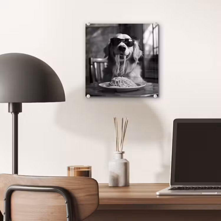 Golden Retriever - Hond - Vrolijk - Bord spaghetti - Zwart - wit plexiglas 5mm klein -sfeer6