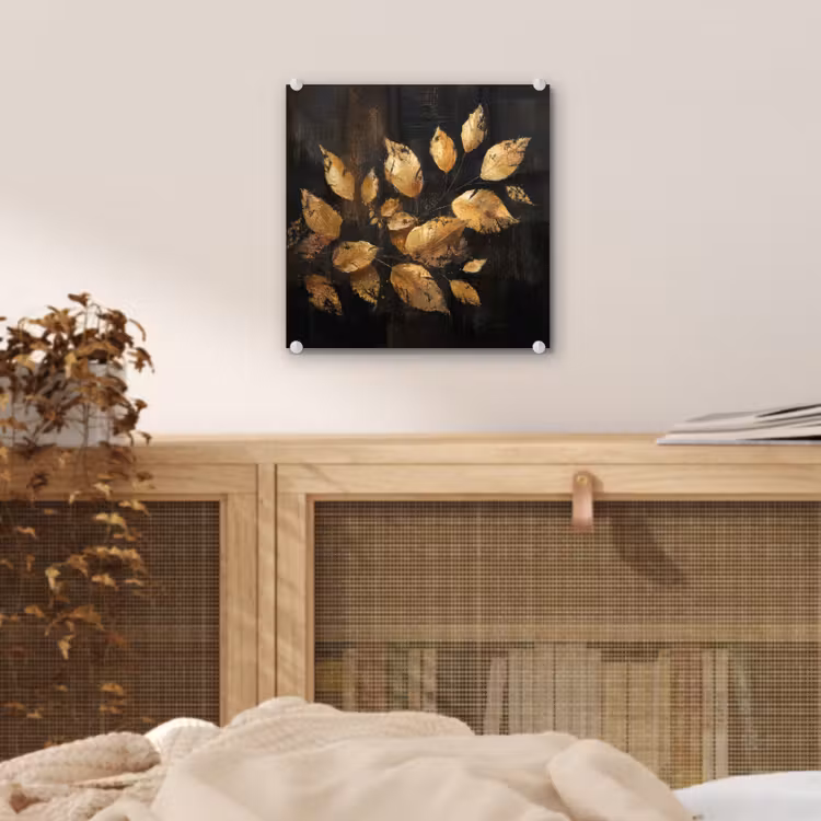 Gouden Bladeren op Donkere Achtergrond plexiglas 5mm klein -sfeer4