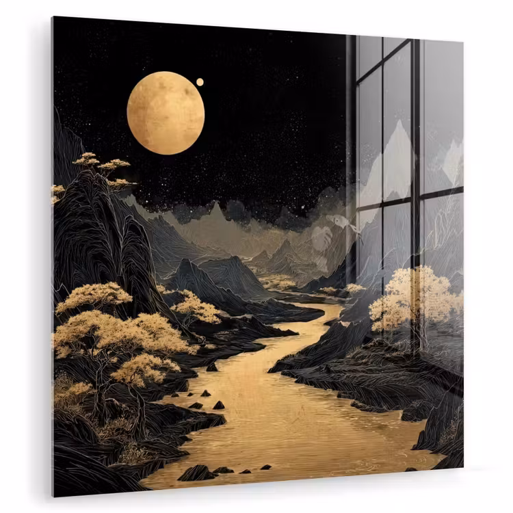 Gouden rivier - Bergen - Maan - Sterrenhemel plexiglas 5mm klein -zzzproduct_nieuw