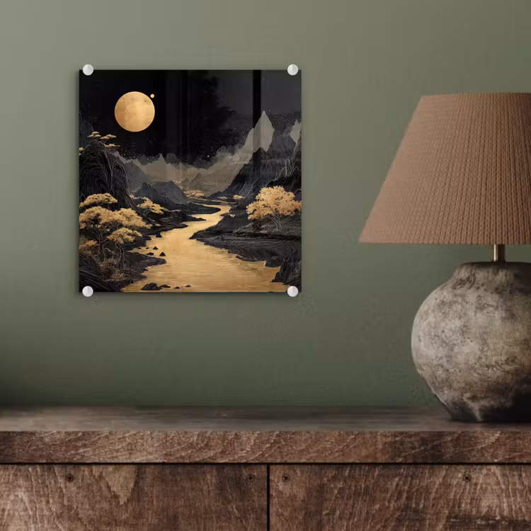 Gouden rivier - Bergen - Maan - Sterrenhemel plexiglas 5mm klein -sfeer3