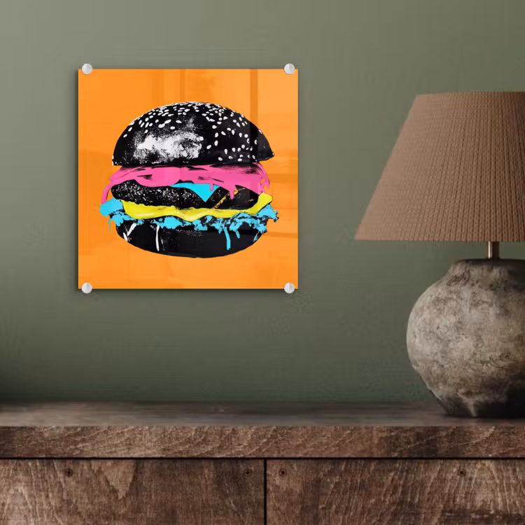 Hamburger - Oranje - Neon - popart plexiglas 5mm klein -sfeer3