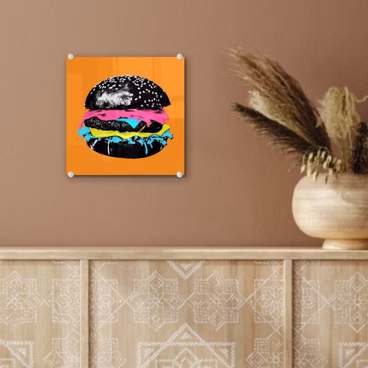 Hamburger - Oranje - Neon - popart plexiglas 5mm klein -sfeer5