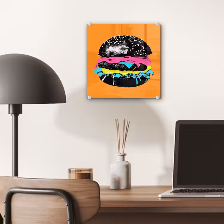 Hamburger - Oranje - Neon - popart plexiglas 5mm klein -sfeer6