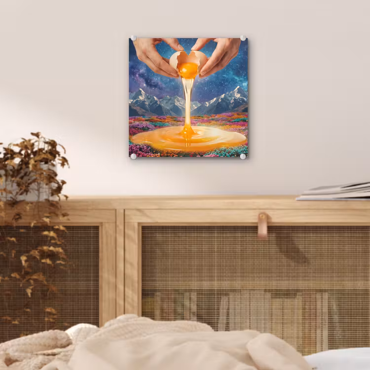 Glas schilderij - Handen - Ei - Surrealisme - Handen - Ei - Surrealisme plexiglas 5mm klein