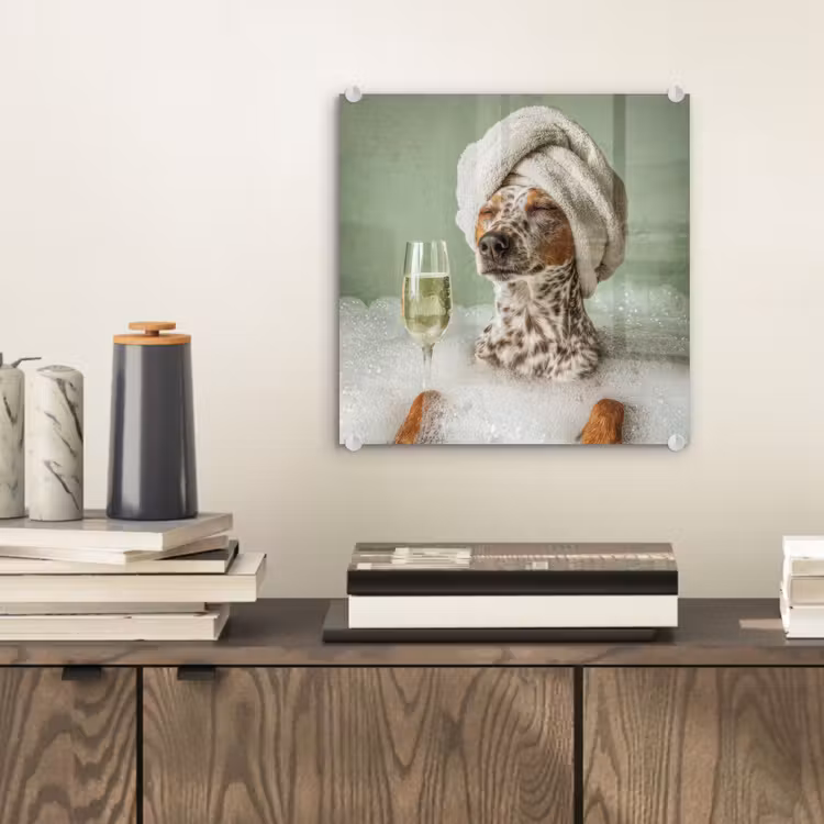 Hond - Bad - Champagne - Handdoek plexiglas 5mm klein -sfeer1