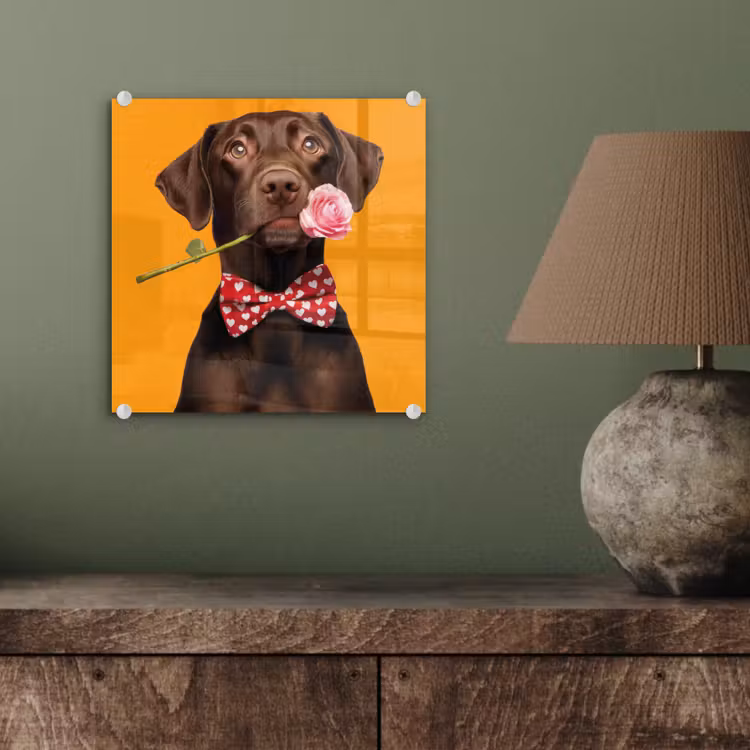 Hond - Oranje - Roos - Valentijn plexiglas 5mm klein -sfeer3