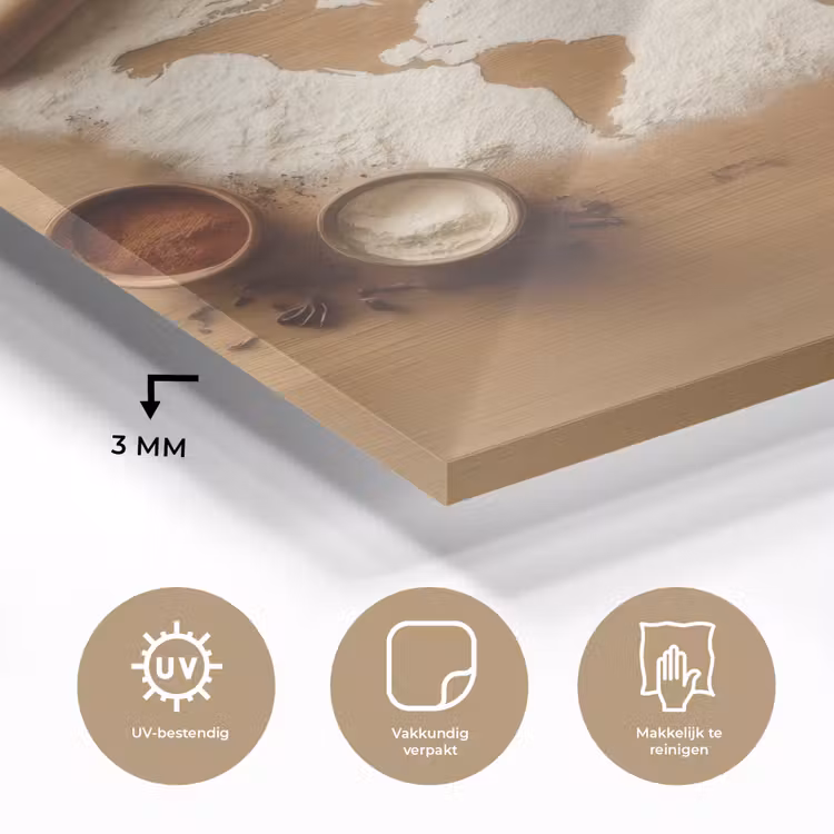 Hout - Wereldkaart - Bakken - Keuken plexiglas 5mm klein -sfeer2