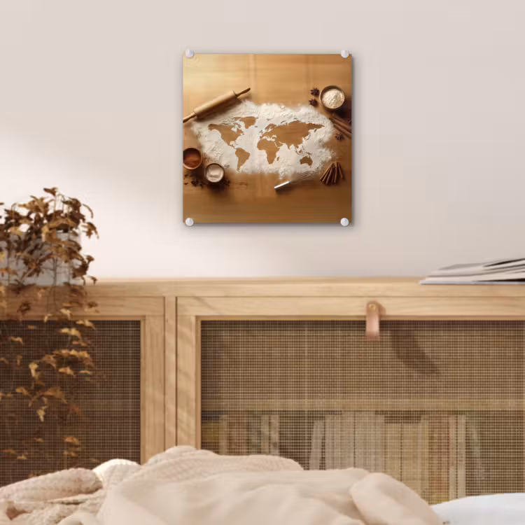Hout - Wereldkaart - Bakken - Keuken plexiglas 5mm klein -sfeer4