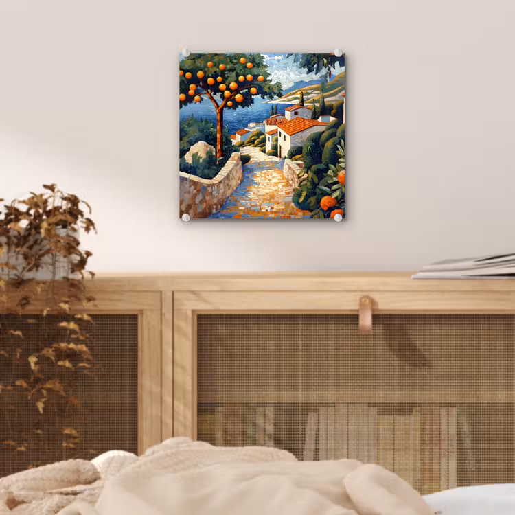 Huizen - Mozaïek - Sinaasappelbomen - Zee plexiglas 5mm klein -sfeer4