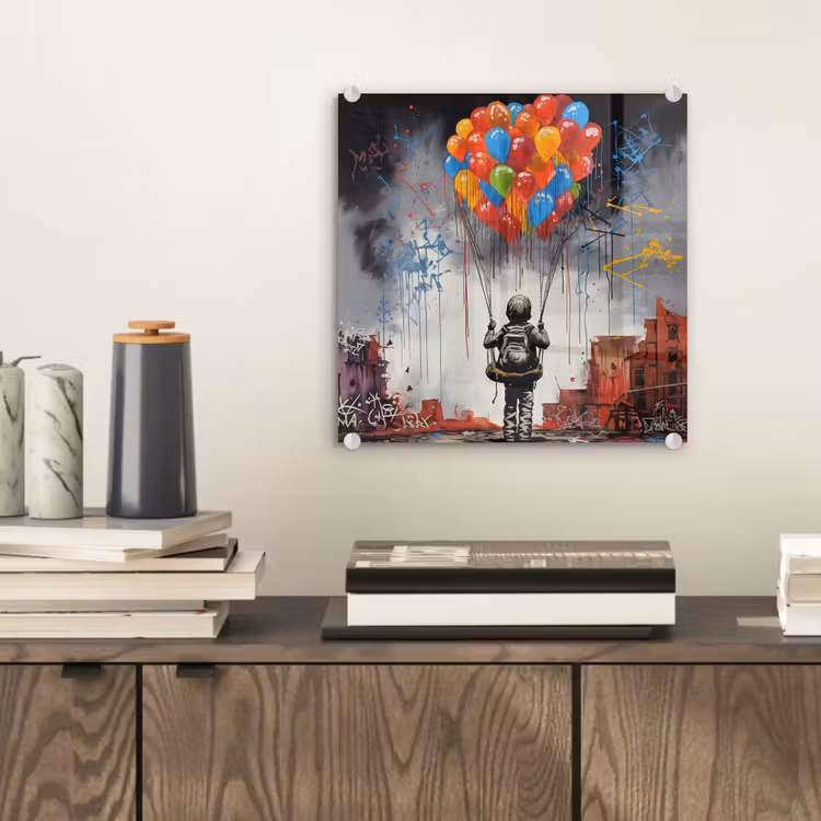 Jongen - Ballonnen - Gebouwen - Kunst plexiglas 5mm klein -sfeer1