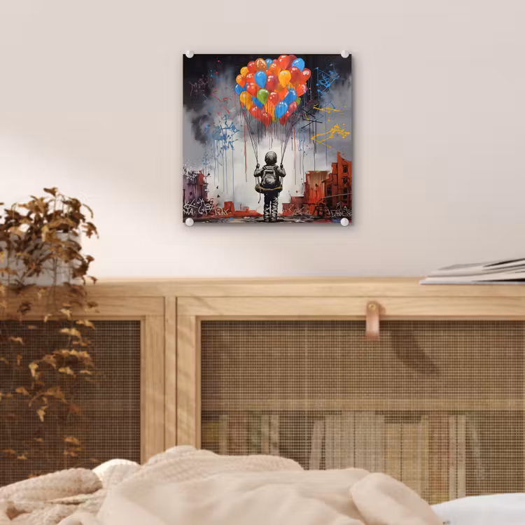 Jongen - Ballonnen - Gebouwen - Kunst plexiglas 5mm klein -sfeer4