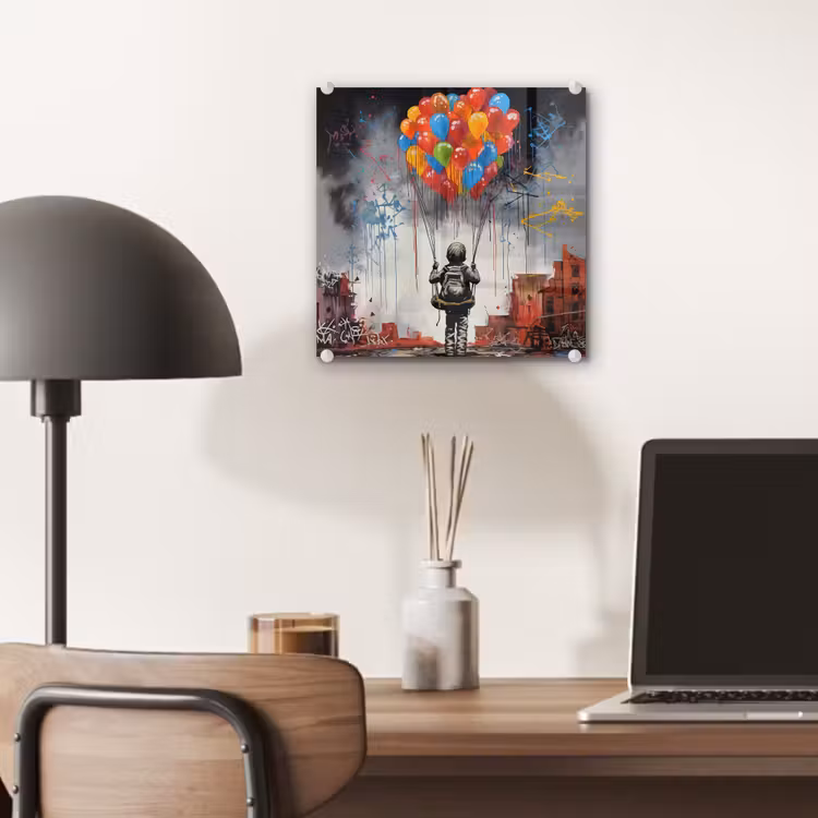 Jongen - Ballonnen - Gebouwen - Kunst plexiglas 5mm klein -sfeer6