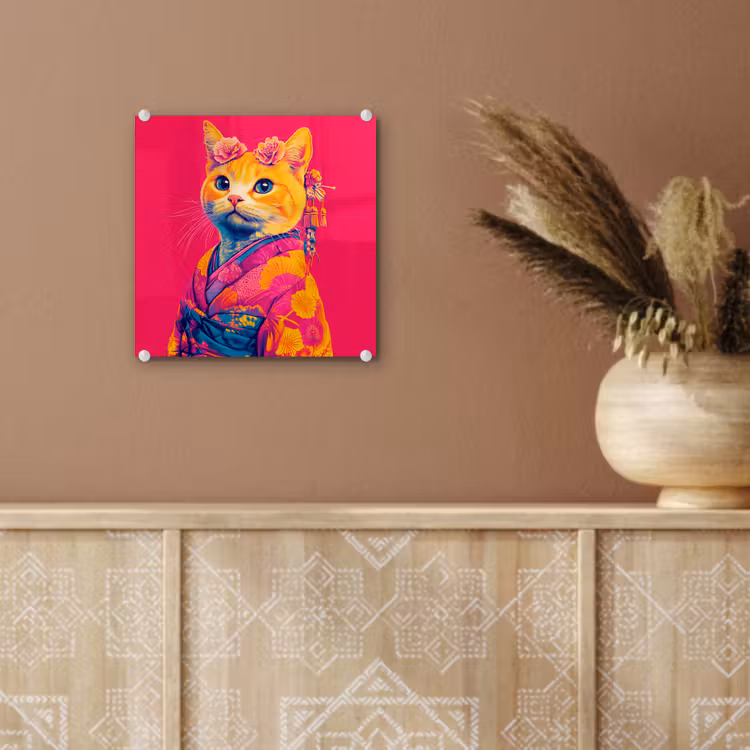 Kat - Kimono - Bloemen - Roze plexiglas 5mm klein -sfeer5