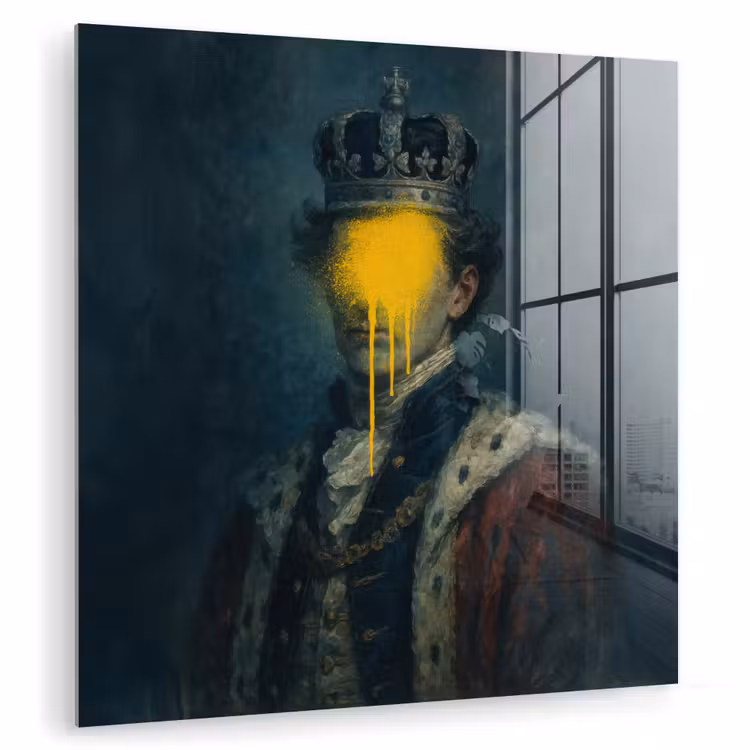 Koning - Portret - Druipende gele verf plexiglas 5mm klein -zzzproduct_nieuw