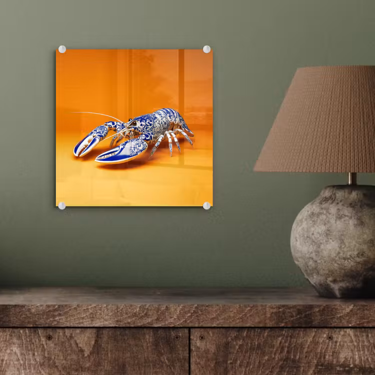 Kreeft - Delftsblauw - Schild - Stoer - Oranje plexiglas 5mm klein -sfeer3