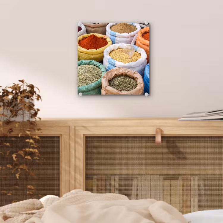 Glas schilderij - Kruiden - Zakken - Markt - Kruiden - Zakken - Markt plexiglas 5mm klein