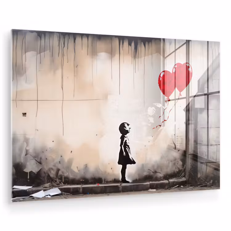 Kunst - Meisje - Ballonnen - Hart - Grijs plexiglas 5mm klein -zzzproduct_nieuw