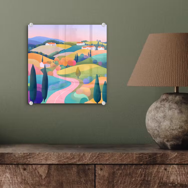 Landschap - Paars - Pastel - Huizen plexiglas 5mm klein -sfeer3