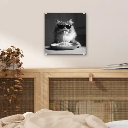Langharige kat - Zonnebril - Spaghetti - Humor - Zwart - wit plexiglas 5mm klein -sfeer4