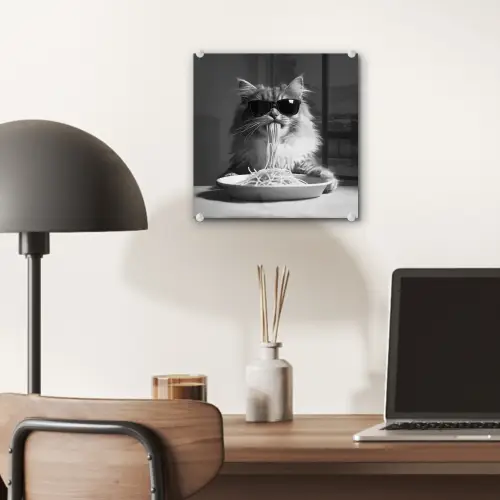 Langharige kat - Zonnebril - Spaghetti - Humor - Zwart - wit plexiglas 5mm klein -sfeer6