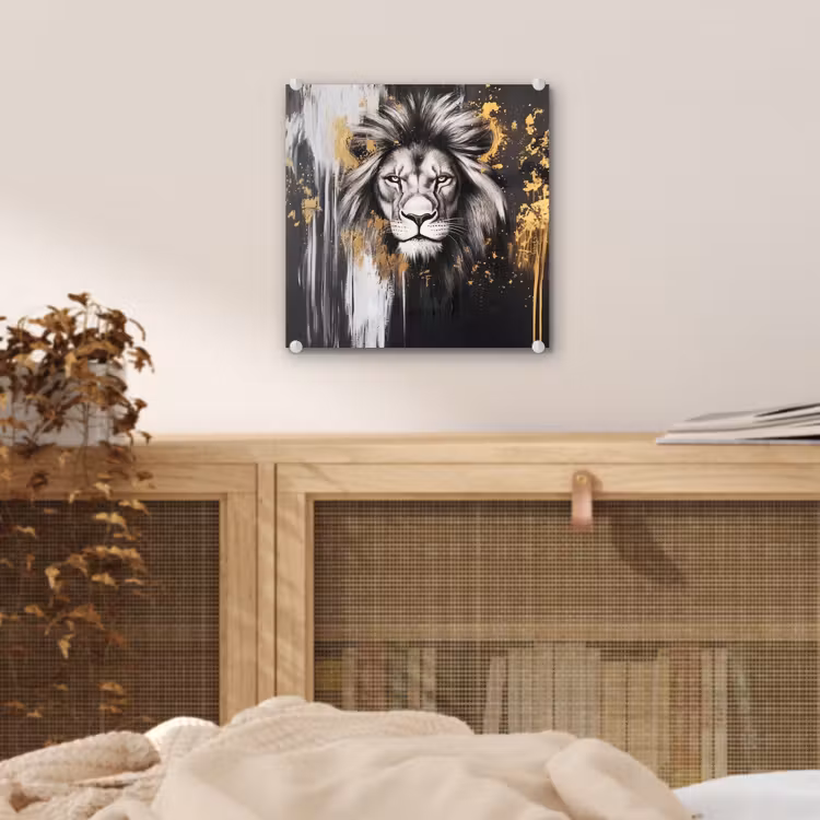 Leeuw - Portret - Verfspatten - Grijs plexiglas 5mm klein -sfeer4