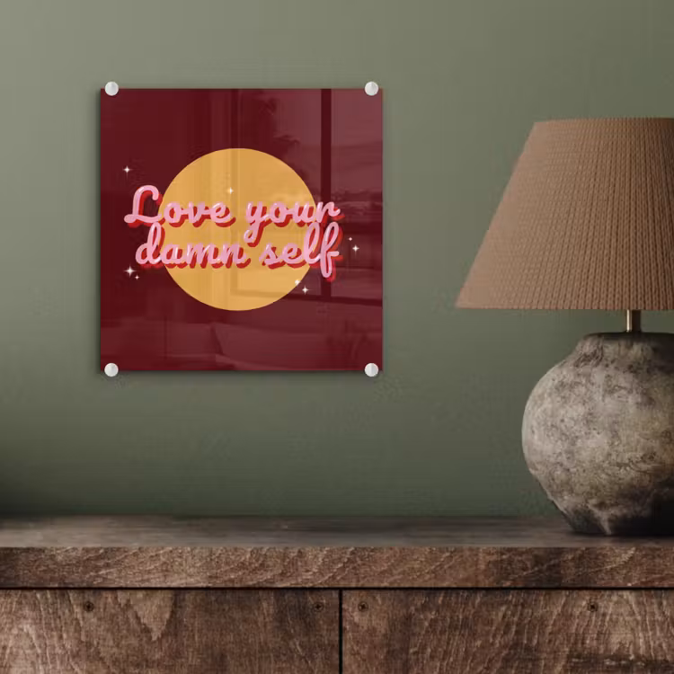 love your damn self - Cirkel - Glitter - Rood plexiglas 5mm klein -sfeer3