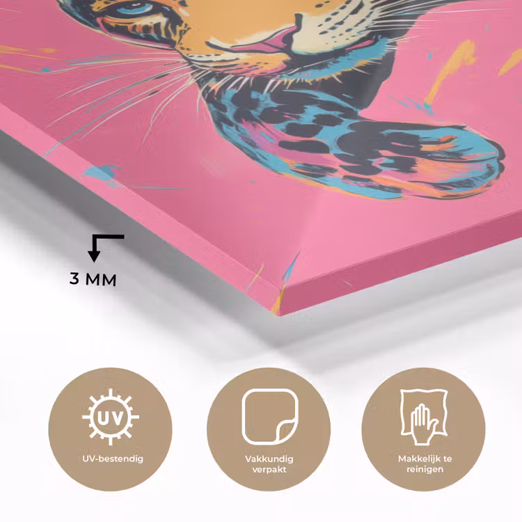 Luipaard - Roze - Oranje - Blauw - Verf plexiglas 5mm klein -sfeer2