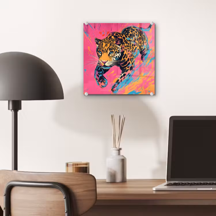 Luipaard - Roze - Oranje - Blauw - Verf plexiglas 5mm klein -sfeer6