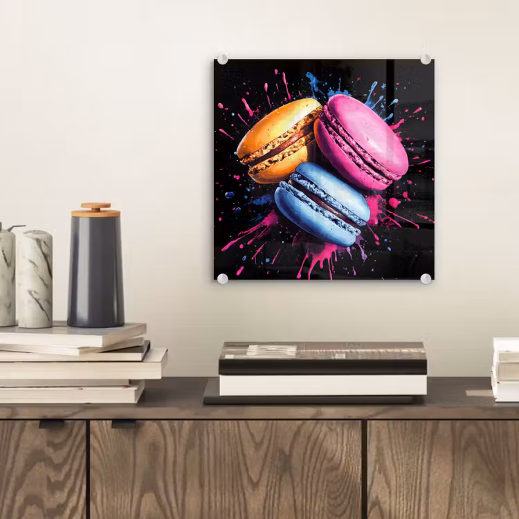 Macarons - Dessert - Graffiti - Kleurrijk - Roze - Blauw - Geel plexiglas 5mm klein -sfeer1